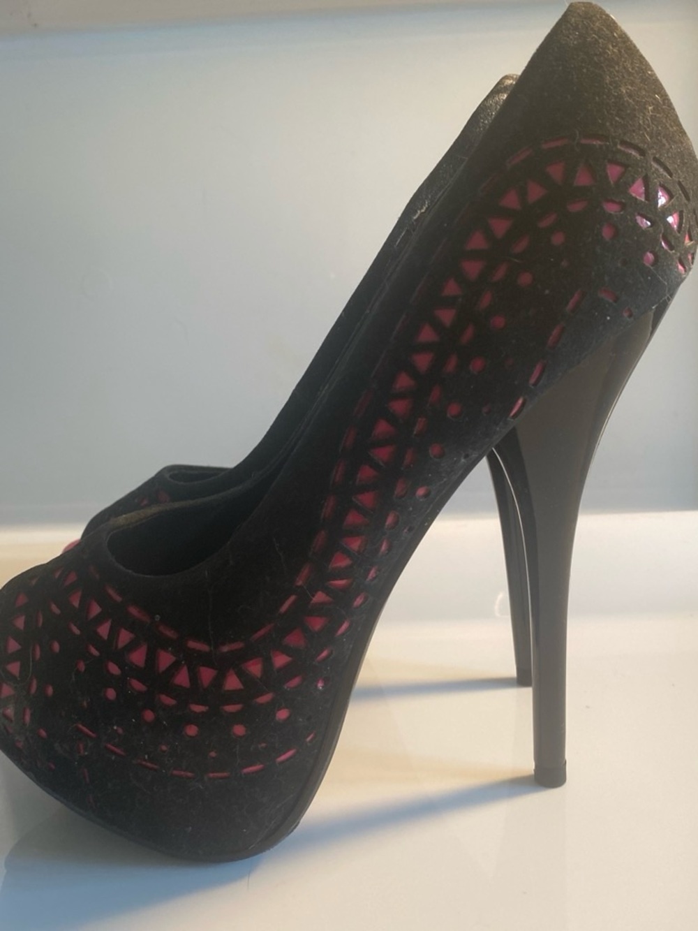 Wild Diva Black and Pink Cutout Peep-Toe Platform Heels